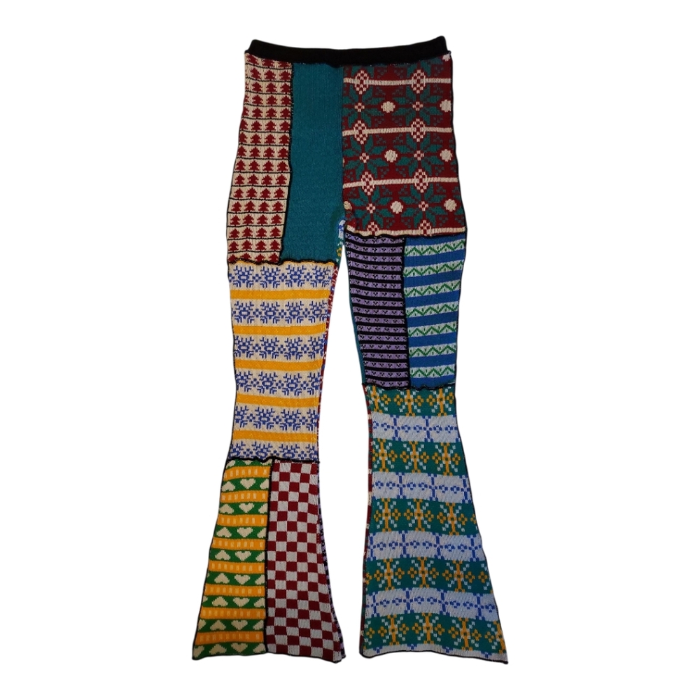 The Ragged Priest Free People NWOT Retro Grandmacore Cozy Patchwork Knit Pants L - Picture 3 of 10